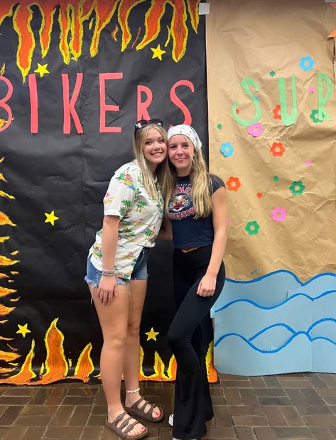 Surfers Vs Skaters Spirit Week, Spirt Week Biker Vs Surfer, Vs Spirit Week Ideas, Biker Fits Spirit Week, Beach Vs Blizzard Spirit Week, Bikers Vs Surfers Spirit Week Poster, Bikers Vs Surfers Football Theme, Beach Vs Biker Spirit Week, Hurley Vs Harley Spirit Day