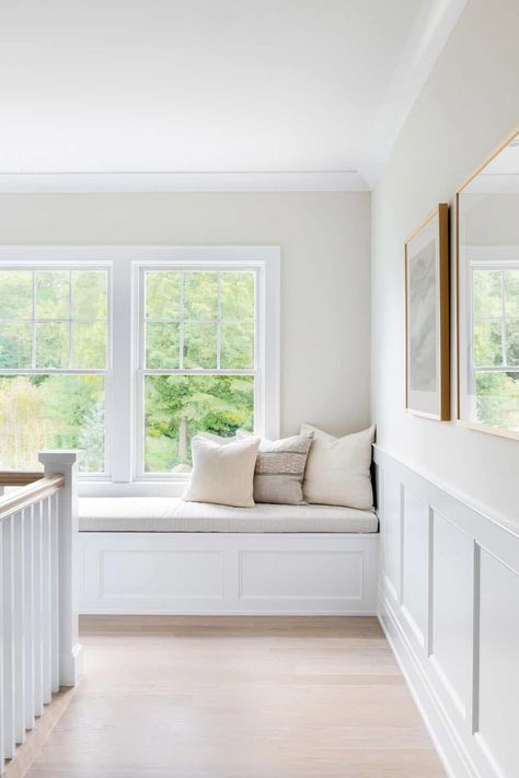 Countryside home gets a beautiful makeover in the Hudson Valley Staircase Landing Ideas, Built In Window Seat, Window Bench Seat, Second Floor Landing, Window Seat Design, White Wainscoting, White Window, Window Benches, Custom Furniture Design