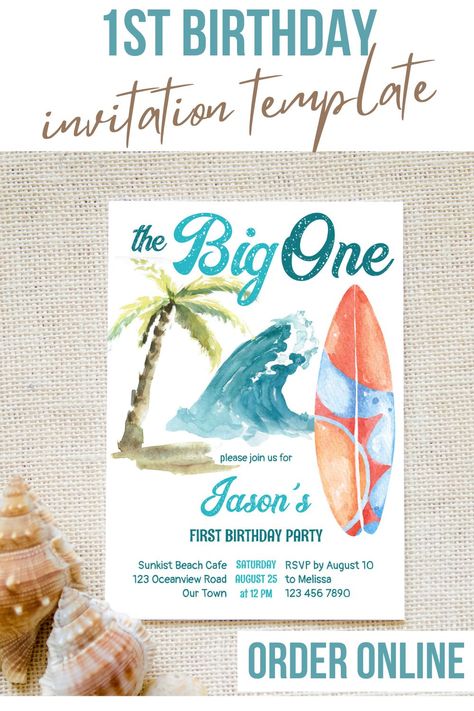 The big one 1st birthday surfing retro beach party invitation template Retro Beach Party, Beach Party Invitations, Surf Party, Party Trends, Retro Beach, Beach Cafe, Nautical Party, The Big One, Party Invite Template