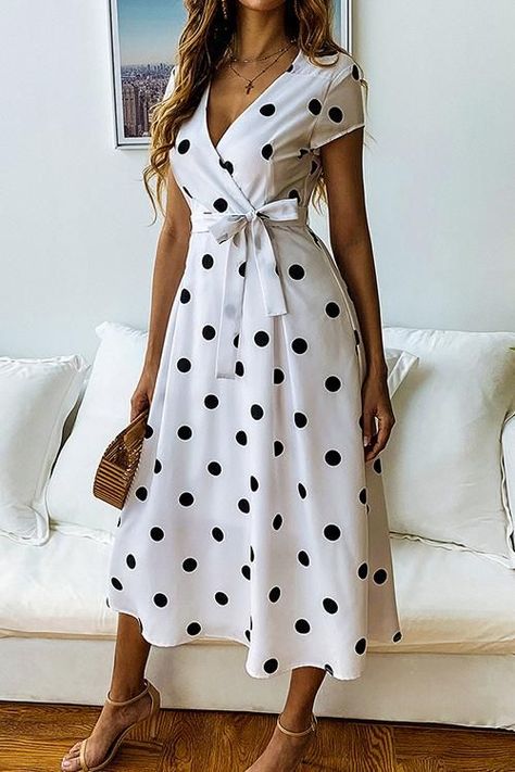 4d6e4749289c4ec58c0063a90deb3964desc51746938ri Vintage Dresses Casual, Vintage Polka Dot Dress, Vintage Long Dress, Long Sundress, Gaun Fashion, Long Dress Casual, Long Sleeve Short Dress, White Dress Summer, Trend Fashion