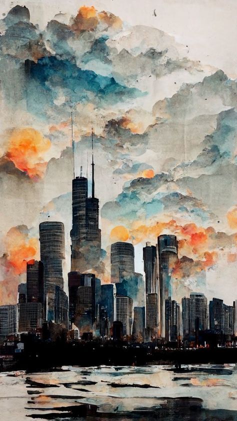 Chicago Skyline Painting, Chicago Painting, City Scape Painting, Skyline Drawing, Cityscape Drawing, Skyline Artwork, Skyline Painting, Watercolor City, Watercolor Art Paintings