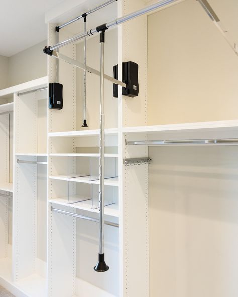 Pull-down wardrobe lifts just make sense. Schedule a consultation at theclosetbutler.com or call us at 801.823.4537 to get started! #customcloset #theclosetbutler #homedesign #closet #remodel #homeimprovement #pantrygoals #garageorganization Pull Down Closet, سلالم حلزونية, Walk In Closet Organization, Master Closet Design, Garage Cabinet, Closet Remodel, Garage Cabinets, Garage Shelving, Custom Closet