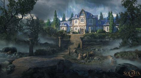 ArtStation - Solasta Crown of the Magister : Illusory mansion, Karine Villette Fantasy Mansion Concept Art, Mansion Fantasy Art, Fantasy Mansion Art, Dnd Fae, Mansion Concept Art, Dnd Village, Fantasy Mansion, Mansion Art, Big Mansions