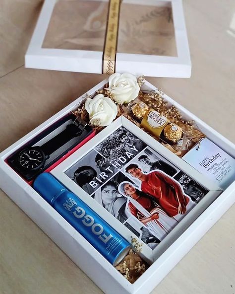 Birthday gift box✨ Includes: Photo Frame Watch Ferrero Rocher Perfume Ring Album(27photos) Wish card DM for Orders @crafting_with_zana All India Delivery Available ✅ Birthday box | Birthday hamper | Customised gifts #birthdaygift#customization#reelskeralagram#photochocolate#photomug#customizedgifts#birthdayhamperbox#fyp Frame Packing Ideas, Perfume Birthday Gift, Box Gift Ideas, Gift Box For Him, Birthday Wishes For Lover, Birthday Hamper, Hamper Box, Birthday Hampers, Birthday Collage