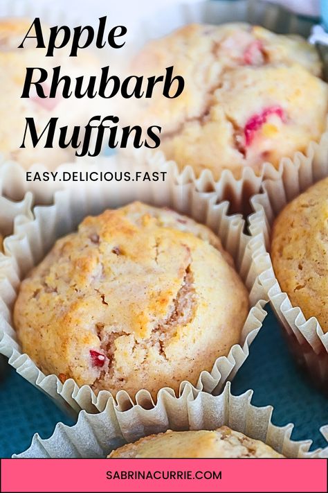 Mom's Quick And Easy Cinnamon Apple Rhubarb Muffins - West Coast Kitchen Garden Rhubarb And Apple Recipes, Rhubarb Muffins Recipe, Apple Rhubarb Recipes, Rhubarb Oatmeal Muffins, Rhubarb Oatmeal, Rhubarb Coffee Cakes, Blueberry Oatmeal Muffins, Fruit Muffins, Rhubarb Muffins