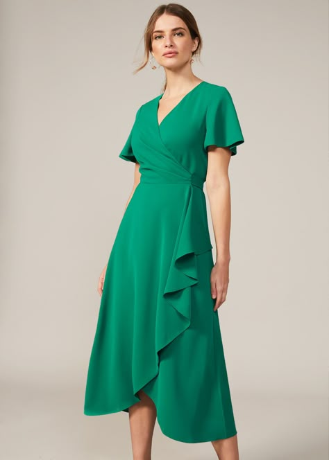 Wrap Dress Outfit Casual, Wrap Dress Outfit, Green Wrap Dress, Apple Dress, Dress Design Patterns, Frill Dress, Dress Shapes, Apple Green, Faux Wrap Dress