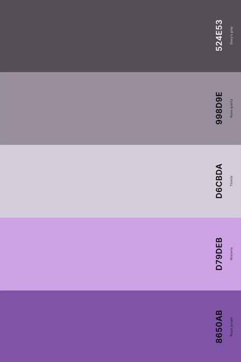 14. Gray And Purple Color Palette Color Palette with Royal Purple (Hex #8650AB) + Wisteria (Hex #D79DEB) + Thistle (Hex #D6CBDA) + Rose Quartz (Hex #998D9E) + Davy'S Gray (Hex #524E53) Color Palette with Hex Codes Purple And Gray Palette, Purple Yellow Gray Color Palette, Silver Purple Color Palette, Purple And Grey Colour Palette, Gray And Purple Color Palette, Purple Gray Palette, Grey Purple Color Palette, Purple And Silver Color Palette, Purple Pallet Color