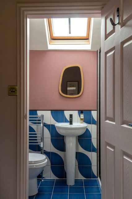 Blue Monochrome Bathroom, Dark Blue And Pink Bathroom, Bathrooms With Blue Tile, Blue Pink Bathroom, Small Bathroom Colours, Blue Floor Bathroom, Blue Ensuite, Blue Painted Bathroom, Pink Blue Bathroom