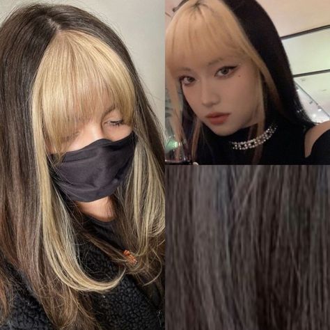 Blond And Black Hair With Bangs, Hairdye Ideas With Bangs, Dark Brown Hair Blonde Bangs, Oreo Hair With Bangs, Black Hair Colored Bangs, Bleach And Black Hair, Blond Bangs Black Hair, Black Hair With Colored Bangs, Blonde Bangs Black Hair