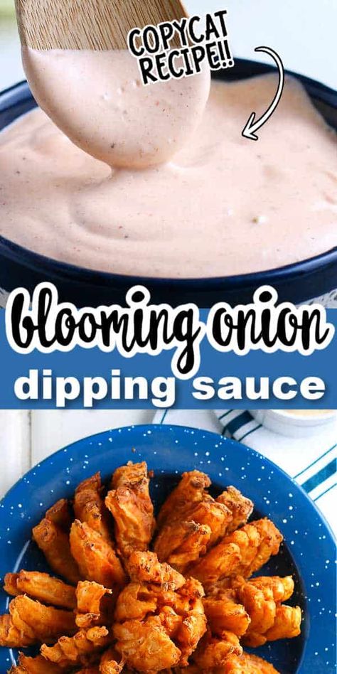 Blooming Onion dipping sauce is CREAMY with a HINT OF HEAT that is perfect for your blooming onion! Try it on onion rings, french fries, chicken, steak, and potato chips! Copycat recipe from Outback Steakhouse that you can make at home! #yummyfoodsanddrinks Copycat Blooming Onion, Blooming Onion Dipping Sauce, Bloomin Onion Sauce, Blooming Onion Sauce, Onion Appetizers, Blooming Onion Recipes, Bloomin Onion, Fries Chicken, Onion Ring