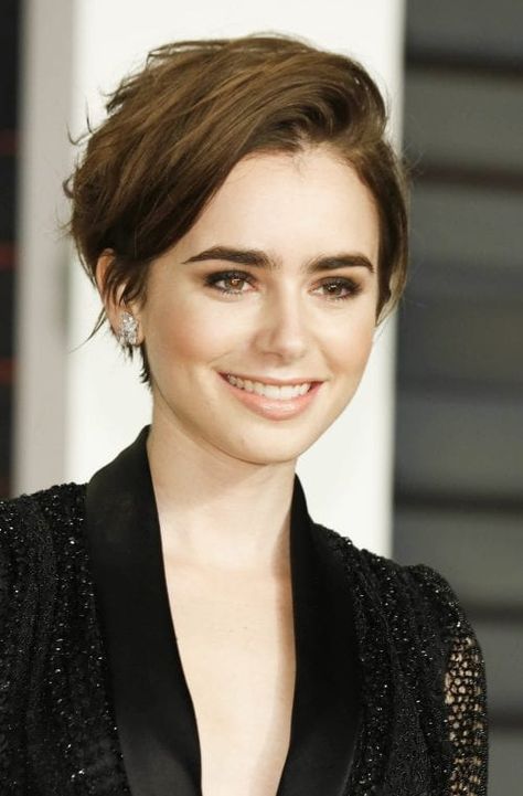 Long Asymmetrical Pixie, Lily Collins Short Hair, Asymmetrical Pixie Cuts, Curly Pixie Hairstyles, Celebrity Short Hair, Asymmetrical Pixie, 2015 Hairstyles, Latest Short Hairstyles, Haircut Inspiration