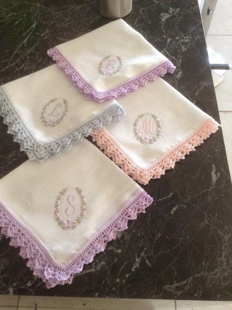 Embroidered monogrammed handkerchiefs great for bridesmaids | Etsy Crochet Handkerchief, Picot Crochet, Handmade Handkerchiefs, Handkerchief Embroidery, Monogrammed Handkerchiefs, Matching Crochet, Embroidery Napkins, Personalized Handkerchiefs, Crochet Edges