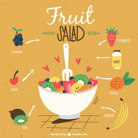 Fruit salad recipe Free Vector Salad Drawing, Fruit Salad Ingredients, Organic Coconut Sugar, Fruit Cartoon, Free Fruit, Fruit Wallpaper, Eat Salad, Watercolor Fruit, Strawberry Blueberry