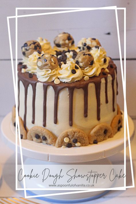 This cookie dough cake is a real showstopper. The cookie dough recipe is eggless and safe to eat raw. Both the cake and the cookie dough is filled with chocolate chips. It has a cookie dough and chocolate ganache filling. Unfortunately this recipe is not vegan. The cookie dough balls are so easy to make. In fact the entire cake is so easy to make and it is seriously the best. The recipe also includes my choc chip cookies for decoration. Cookie dough cake recipe easy #eggfree Vanilla Cookie Dough Cake, 29th Birthday For Him Cake, Cookie Dough Cake Recipe, Vanilla Baking Recipes, Magical Drawings, Easy Cookie Dough, Cookie Dough Filling, Showstopper Cakes, Cookie Dough Cake