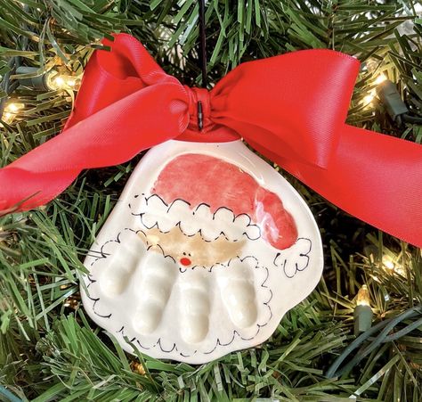 Hand Print Santa Ornament, Handprint Santa Ornament, Santa Salt Dough Ornament, Reindeer Clay, Santa Handprint Ornament, Ornament Recipe, Santa Handprint, Dough Crafts, Baby Christmas Crafts