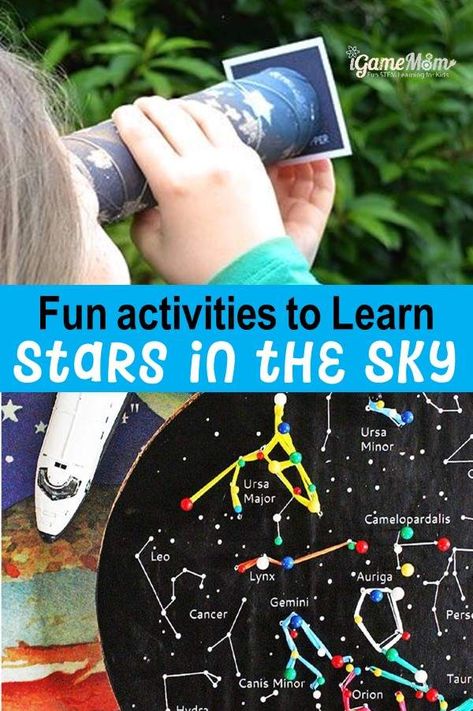 Fun activities to learn stars planets constellations in the sky, from preschool to school age. STEM activity idea for summer night stargazing party science club. Space Stem Activities Middle School, Stem Night Activities Elementary, Stargazing Party, Stem Night Activities, Stars And Constellations Activities, Stem Room, Constellation Activities, Montessori Culture, Stem Night