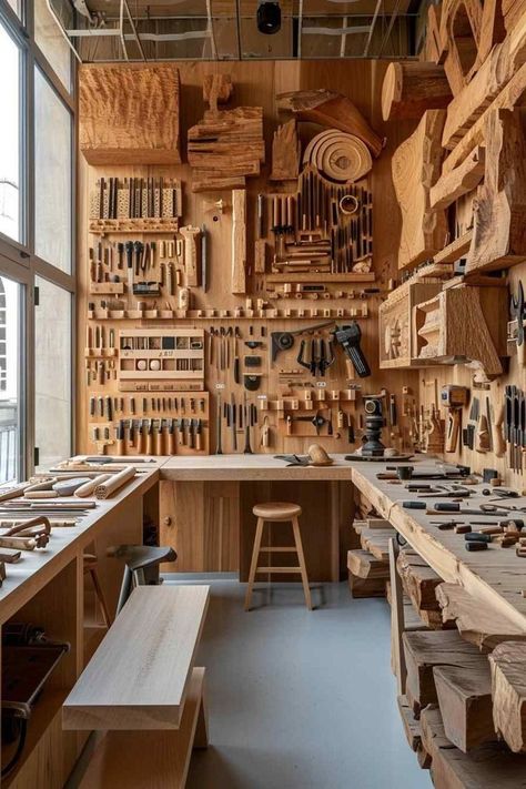 Wood Carving Studio, Woodworker Aesthetic, Woodwork Aesthetic, Working Room Design, Woodworking Aesthetic, Woodwork Studio, Work Shed Ideas, Wood Workshop Design, Craftsmanship Aesthetic