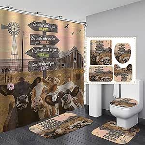 Camille&Andrew 4PCS/Set Farm Life Shower Curtain, Funny Cow Livestock Birds Sunflower Windmill USA Flag Quote Wooden Fence Rustic Barn Country Farmhouse Bathroom Decor, Non-slip Bath Rugs, Arrow Signs Country Farmhouse Bathroom, Shower Curtain Funny, Country Shower Curtain, Bathroom Shower Curtain Sets, Bathroom Mat Sets, Bathroom Decor Sets, Arrow Signs, Bath Mat Sets, Toilet Covers