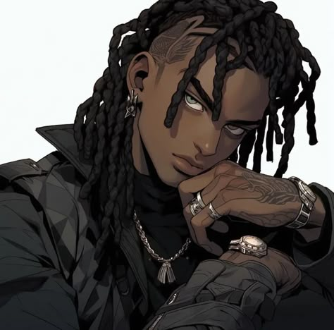 Dreadlocks Character Design, Black Anime Characters With Locs, Black Character Design Male Dreads, Black Male Anime Characters, Male Character Hairstyles, Black Anime Characters Dreads, Black Anime Characters Guys, Black Anime Men, Black Anime Characters Male