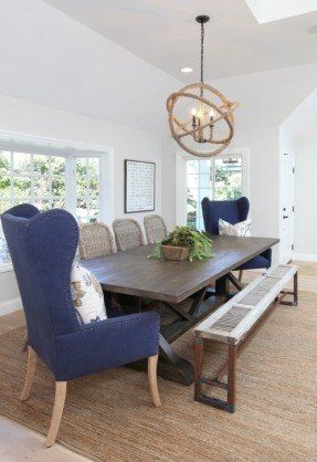 Nautical Dining Room, Family Dining Room, Chair Dining Room, Dining Room Decor Ideas, Wingback Dining Chair, Rustic Dining Chairs, Woven Dining Chairs, Family Dining Rooms, Dining Room Blue