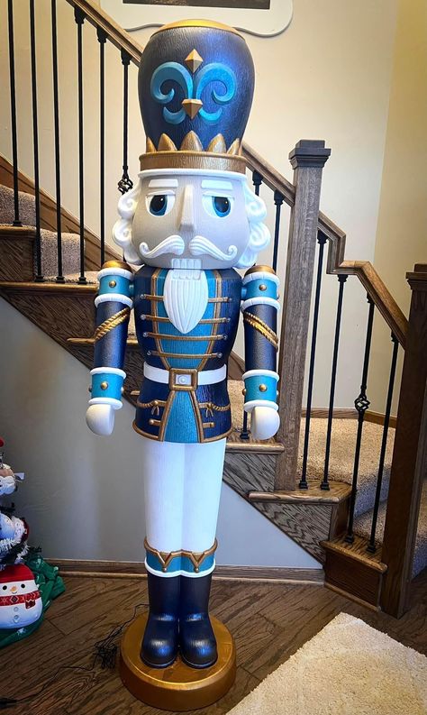 Blue And Silver Nutcracker, Nut Crackers Painted, Blue And White Nutcracker, Nutcracker Diy Painting, Nut Cracker Painting Ideas, Walmart Nutcrackers Painted, Painted Walmart Nutcracker, Nutcrackers Christmas Decoration, Walmart Nutcracker Painted