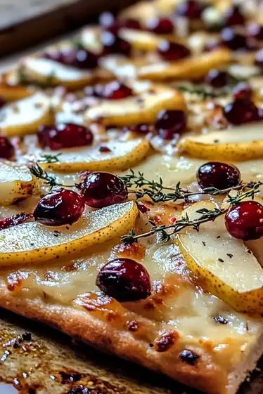 Roasted Pear, Cranberry, and Brie Flatbread is a sweet-savory treat perfect for fall gatherings. Make it now and enjoy every bite! Brie Flatbread, Cranberry And Brie, Ripe Pears, Brie Appetizer, Roasted Pear, Brie Recipes, Xmas Food, Aioli, Pizza Crust