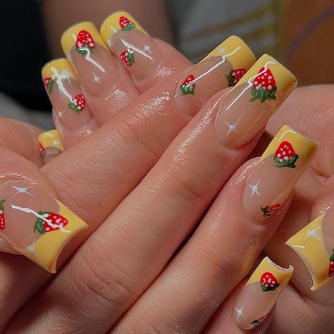 Square Fruit Nails, Strawberry Shortcake Inspired Nails, Fruit French Tip Nails, Strawberry Lemonade Nails, Strawberry Themed Nails, Strawberry French Tip Nails, Fruit Themed Nails, Nails With Strawberries, Fruit Acrylic Nails