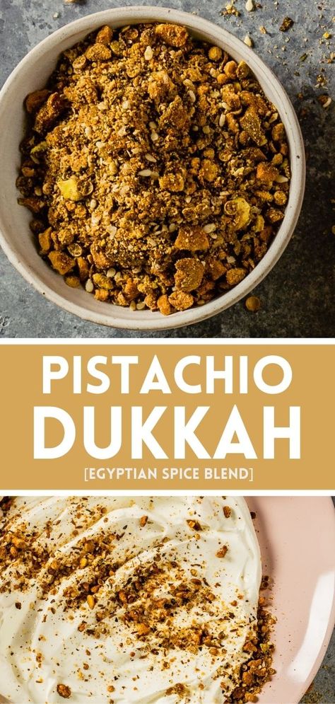 Swap the traditional hazelnuts in dukkah seasoning for crowd-pleasing pistachios. This flavorful nutty spice seasoning is great sprinkled over meats, vegetables and dips. Turkish Spice Blend, 7 Spices Lebanese, Pistachio Dukkah Recipe, Lebanese 7 Spice Blend, Egyptian Spice Blend, Dukkah Recipe, Egyptian Recipes, Mat Inspiration, Raw Pistachios