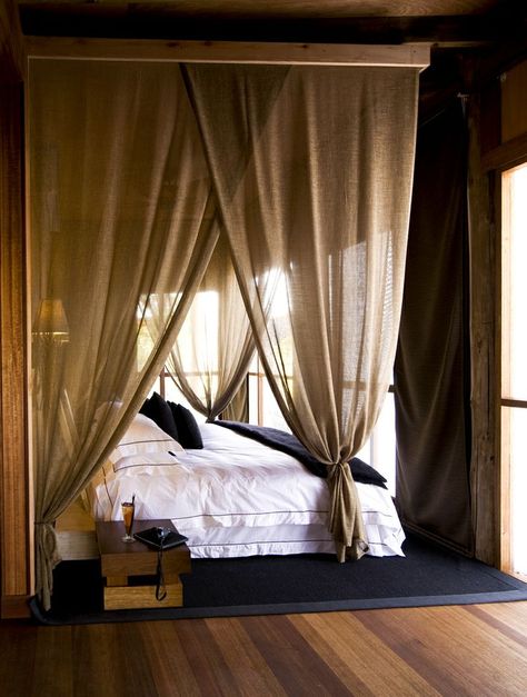 #burlap #drapery #panels Luxury Bedroom Canopy Bed, Canopy Bed Corner, Safari Honeymoon, Rich Stuff, Canopy Over Bed, Safari Bedroom, Luxury Service, Botswana Safari, Canopy Curtains