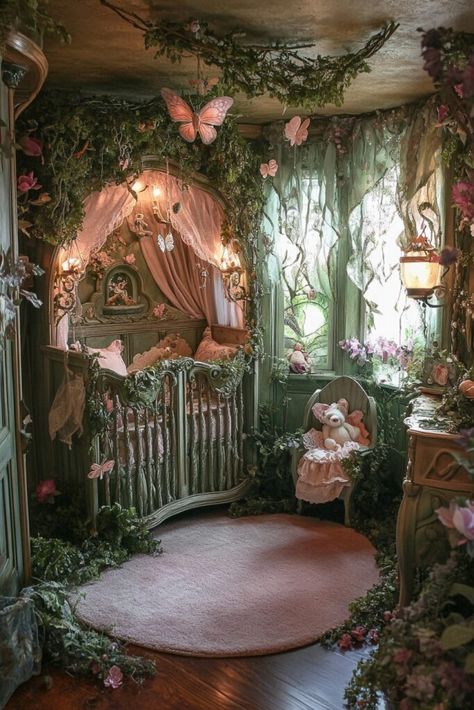 29 Vintage-Inspired Disney Nursery Ideas for Timeless Magic Fae Nursery, Fairycore Home Decor, Princess And The Frog Bedroom, Fairy Garden Nursery Theme, Fairy Garden Nursery, Fairy Nursery Theme, Garden Nursery Theme, Frog Bedroom, Disney Nursery Ideas