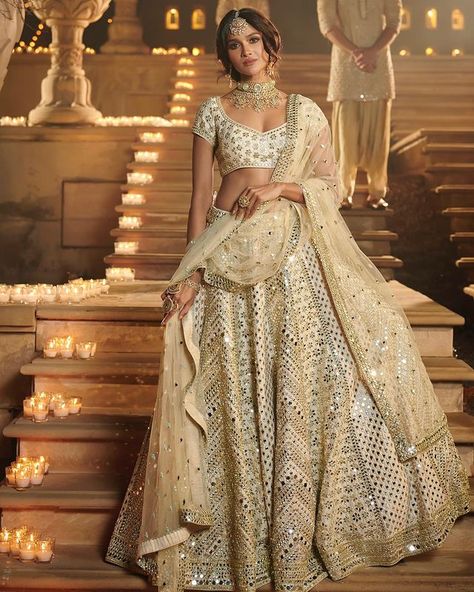 Abhinav Mishra on Instagram: “Baraat : ‘Chandni Raatein’ Spring Couture 2021 “Raja Ki Aayegi Baraat...” - Shailendra A promise amid the incandescent lights.. A…” Golden Lehenga, Gold Lehenga, Bridal Lehenga Designs, White Lehenga, Spring Couture, Indian Wedding Outfits, Silk Lehenga, Gold Chandelier, Lehenga Designs