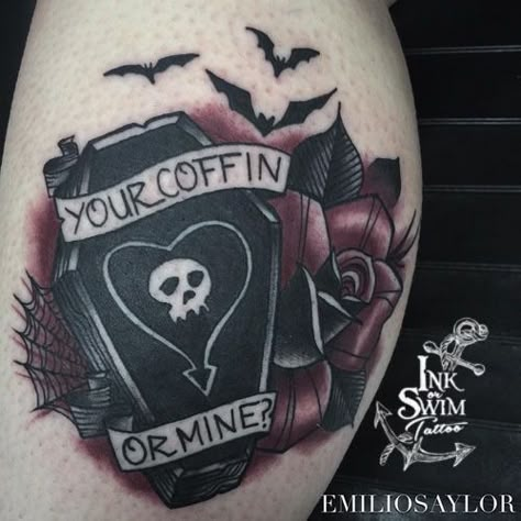 Gothic Art Tattoo, Coffin Tattoo, Alkaline Trio, Kunst Tattoos, Band Tattoos, Spooky Tattoos, Halloween Tattoo, Horror Tattoo, Halloween Tattoos