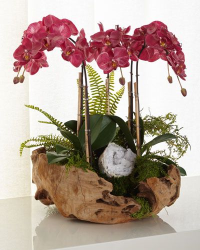 Orchids Arrangements, Orchid Ideas, Woodland Crafts, Orchid Flower Arrangements, Wood Bowls Carving, Bowl Decor, Orchid Planters, Silk Orchids, Orchids Garden