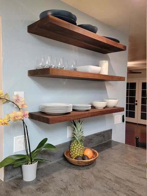 Shelves On Side Of Kitchen Cabinet, Modern Walnut Kitchen, Walnut Floating Shelf, Brown Kitchen Ideas, Walnut Kitchen Cabinets, Heavy Duty Floating Shelves, Walnut Floating Shelves, Kitchen Floating Shelves, Custom Floating Shelves