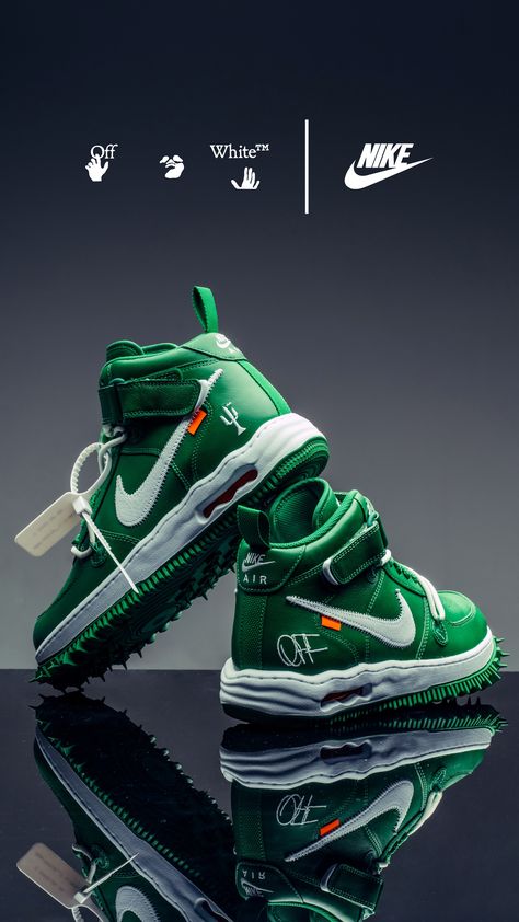 The Nike Air Force 1 Mid X Off-White 'Pine Green' releases this Friday, 4/28. Enter the draw: https://feature.com/products/nike-air-force-1-mid-x-off-white-pine-green-white Jordan Logo Wallpaper, Sneakers Wallpaper, Shoe Advertising, Custom Sneakers Diy, Nike Art, Shoes Wallpaper, Futuristic Shoes, Cool Nike Wallpapers, Nike Air Force 1 Mid