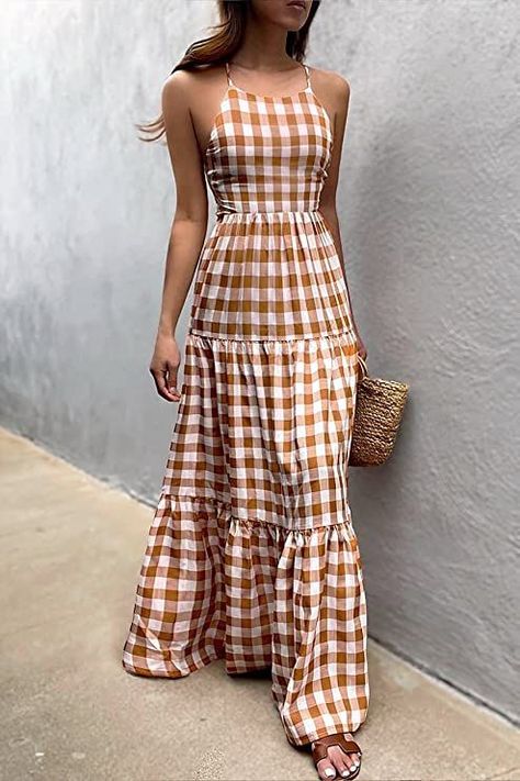 Summer Strappy Backless Evening Party Boho Maxi Long Dress Halter Dress Casual, Boho Plaid, Halter Dresses, Boho Dresses Long, Sweater Knitting, Sleeveless Dresses, Backless Maxi Dresses, Hip Dress, Sleeveless Maxi Dress