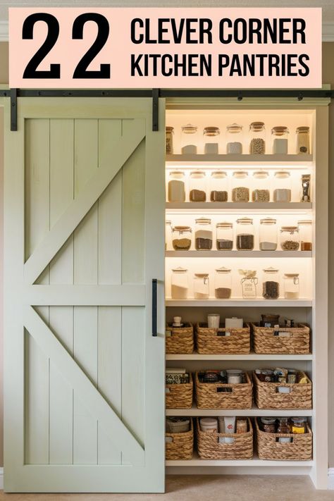 This Corner Kitchen Pantry is proof that small spaces can be functional and beautiful! Featuring a barn door, built-in shelves, and pantry lighting, this design is both chic and space-saving. If you're planning a Kitchen Remodel Corner Pantry, looking for a Pantry Cabinet Makeover, or need Clever Small Kitchen Storage, these 22 ideas will inspire your dream pantry! Visit now and save this pin! Corner Kitchen Pantry, Pantry Lighting, Kitchen Pantries, Dream Pantry, Corner Pantry, Corner Kitchen, Small Kitchen Storage, Kitchen Pantry Design, Cabinet Makeover