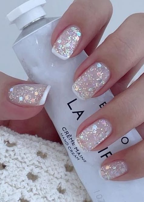 Sparkle French Nails Glitter, White French With Glitter Nails, Hombre White Glitter Nails, Sparkly Nails Summer, Sparkling French Manicure, Glittery French Manicure, Christmas/new Years Eve Nails, Silver Sparkle Nail Designs, Winter White Nails Sparkle