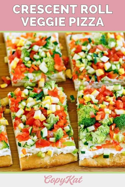 Get your party started deliciously with this Crescent Roll Veggie Pizza appetizer. Get the easy recipe and find out how to make the best veggie pizza with a Pillsbury crescent roll crust, cream cheese spread with ranch seasoning, and fresh vegetable toppings. Make this tasty vegetable pizza ahead of time and serve it cold. Fresh Veggie Pizza, Pizza With Crescent Roll Crust, Veggie Pizza With Cream Cheese, Best Veggie Pizza, Recipe With Crescent Rolls, Cold Vegetable Pizza, Veggie Pizza Appetizer, Crescent Roll Veggie Pizza, Pillsbury Crescent Recipes