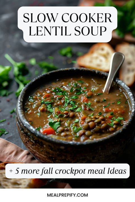 Slow cooker lentil soup packed with vegetables and lentils, perfect for Fall Crockpot Meals. Crock Pot Lentils, Slow Cooker Plant Based Recipes, Crockpot Lentil Recipes, Lentils In Crockpot, Lentil Crockpot Recipes, Crockpot Lentils, Meals To Meal Prep, Crockpot Soup Recipes Healthy, Lentil Recipes Crockpot