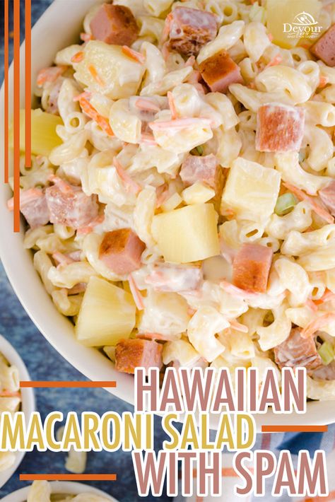 Hawaiian Macaroni Salad with Fried Spam is a favorite on a traditional Hawaiian Lunch Plate. With fried Spam bites and juicy pineapple makes this Pasta Salad a perfect side dish recipe. Instant Pot and Stove directions for this Pot Luck Favorite. Ono's Hawaiian Macaroni Salad with Spam and Pineapple is a keeper recipe. #devourdinner #devourpower #whatsfordinner #onoshawaiianmacaronisalad #hawaiianmacaronisaladwithspam #spam #pastasalad  #Eatingfortheinsta #food #yum #delicious #fresh #foodie Macaroni Salad With Spam, Hawaiian Spam Recipes, Spam Bites, Spam Meat, Hawaiian Pasta Salad, Hawaiian Mac Salad, Fried Spam, Hawaiian Macaroni Salad, Spam Recipes