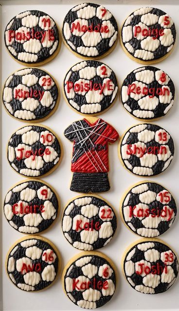 Melissa on Instagram: "Score a goal with MAYHEM soccer cookies! ⚽🥅⚽  The soccer season has come to an end, and it's time to celebrate all the hard work, dedication, and unforgettable moments with something sweet! Soccer themed buttercream frosted sugar cookies are the perfect way to commemorate a fantastic season and treat your team, coaches, and supporters.  🖤❤Thank you for your order Abbie! I hope you had a fun party!  Ideal for:  Team parties Award ceremonies End-of-season banquets Thank-you gifts for coaches and supporters  How to order cookies for your celebration:  Visit melshomemadegoods.com, and go to the all about cookies tab! Fill out the order inquiry, and be on the lookout for an email from me :)" Buttercream Frosted Sugar Cookies, Gifts For Coaches, Soccer Cookies, Frosted Sugar Cookies, Soccer Season, Team Party, Sugar Cookie Frosting, Buttercream Frosting, Decorated Cookies