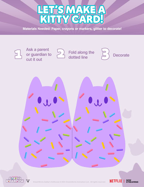 You're invited to learn how to make your very own kitty card! Just click and print! Gabbys Dollhouse Svg, Gabbys Dollhouse Crafts, Gabby Crafts, Gabby Dollhouse, Pool Party Invitations, Birthday Crafts, You're Invited, Dreamworks Animation, Slumber Party