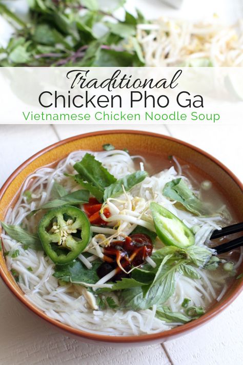 An authentic Chicken Pho Ga recipe that is easy to make at home. This Vietnamese soup recipe is full of healthy chicken bone broth, rice noodles and spices. This is the recipe you want when you are craving Pho. #pho #vietnamesesoup #chickenpho #phoga Pho Ga Recipe, Chicken Pho Soup, Pho Soup Recipe, Vietnamese Noodle Soup, Pho Ga, Vietnamese Soup, Vietnamese Chicken, Chicken Pho, Pho Soup