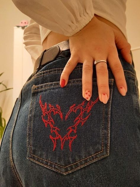 Custom Jeans Diy, Ropa Upcycling, Pant Design, 90s Glam, Painted Clothes Diy, Clothes Embroidery Diy, Red Acrylic Nails, Diy Vetement, Diy Clothes Design