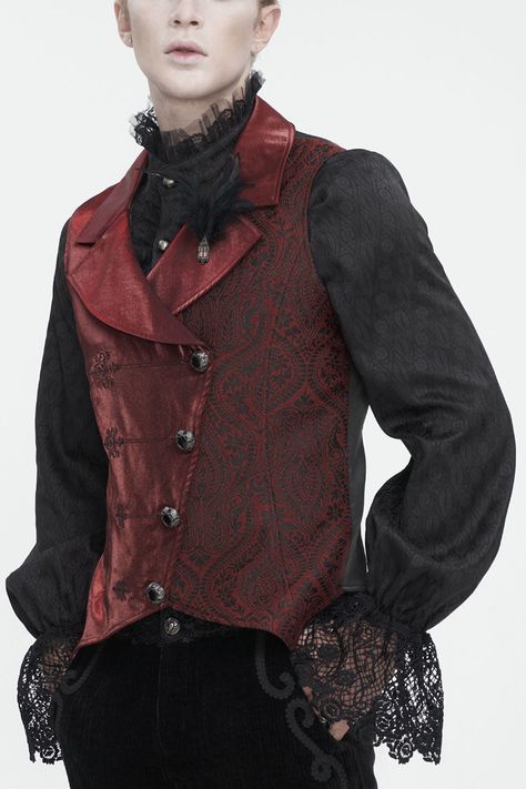 This gothic waistcoat has a contrast color. Feathers and a metal gothic architecture decorated on the collar. Embossing on front one side. Exquisite buttons for closure. A buckle on the back. No elastic fabric. Available in two colors. Color:  Red Materials:  Polyester; Spandex; Rayon Notice:  Other Accessories Are Not Included Style Types:  Gothic Version:  Fitted Soft Index:  Fit Elastic Index:  Good Elastic Thickness Index:  Tran Sparent Size Length (in) Bust (in) Waist (in) Shoulder (in) S 26.4 41.3 37.4 16.5 M 26.8 43.3 39.4 17.1 L 27.2 45.3 41.3 17.5 XL 27.6 47.2 43.3 18.1 2XL 28 49.2 45.3 18.5 3XL 28.3 51.2 47.2 19.1 4XL 28.7 53.1 49.2 19.5 Size Length (cm) Bust (cm) Waist (cm) Shoulder (cm) S 67 105 95 42 M 68 110 100 43.5 L 69 115 105 44.5 XL 70 120 110 46 2XL 71 125 115 47 3XL 72 Red And Black Victorian Suit, Red Tuxedo For Men, Red Suit Prom, Masc Romantic Goth Outfits, Red Suit Aesthetic, Wedding Themes Red, Red Suit Men, Gothic Waistcoat, Red Outfit Men