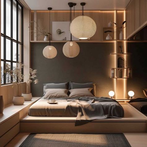 Zen Small Apartment Living Rooms, Wabi Sabi Small Space, Industrial Japandi Bedroom, Minimal Bedroom Design Japanese Style, Bedroom Aesthetic Japanese, Zen Small Bedroom, Japandi Style Bedroom Modern, Japandi Bedroom Small Space, Small Bedroom Ideas 2023