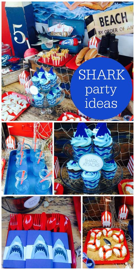 A Jaws shark themed boy birthday party with shark cupcakes, life preserver donuts and a fun backdrop! See more party planning ideas at CatchMyParty.com! Sharknado Party, Shark Party Ideas, Jaws Party, Shark Cupcakes, Shark Week Party, Jaws Shark, Shark Themed Party, Shark Themed Birthday Party, Party Ideas For Kids