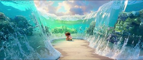 Moana (2016) The song 'little warrior" plays as the sea splits before baby Moana to show her the gem that will start her quest. In the end the sea opens again, now at Moana's command, so she can give the gem back to Te fiti. She sings "know who you are" wh Moana Background, Moana Concept Art, Moana 2016, Playroom Mural, Baby Moana, Open Ocean, Walt Disney Animation, Walt Disney Animation Studios, Before Baby