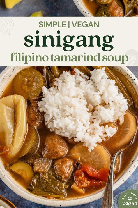 This vegan Sinigang is a Filipino tamarind-based sour soup packed full of vegetables and greens, cooked in an aromatic broth. Don't let the word vegan fool you, this vegetable-based recipe will fulfill your cravings and still hits the spot; it's the perfect comfort meal for any time of the day. #filipino #filipinofoodblogger #sinigang #tamarind #sampalok #vegansoup #veganfilipino #filipinorecipe #wsinigangrecipe Filipino Tamarind Soup, Vegan Sinigang, Easy Sinigang Recipe, Vegan Filipino Recipes, Tamarind Soup Recipes, Tamarind Soup, Vegan Filipino, Sinigang Recipe, Vegan Recepies